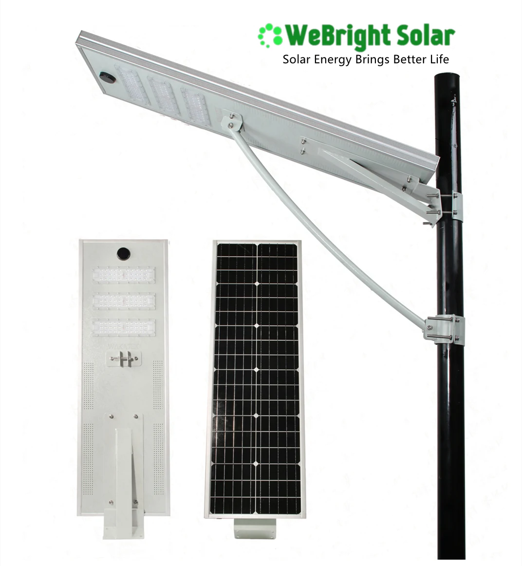 A solar street light shown from multiple angles and mounted on a pole.