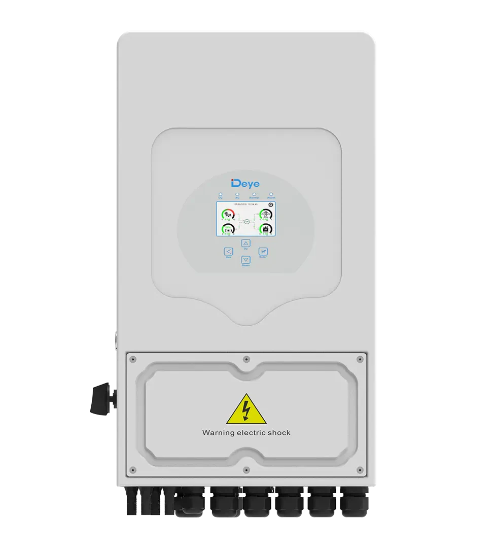 Front view of a grey wall-mounted industrial electronic device with a digital display screen and warning label.