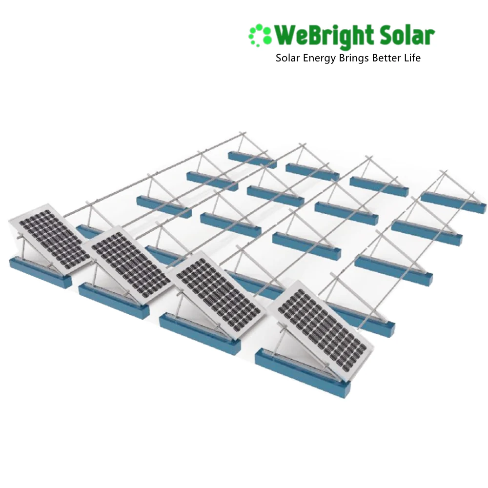 3D rendering of solar panel mounting structure with blue bases and silver frames