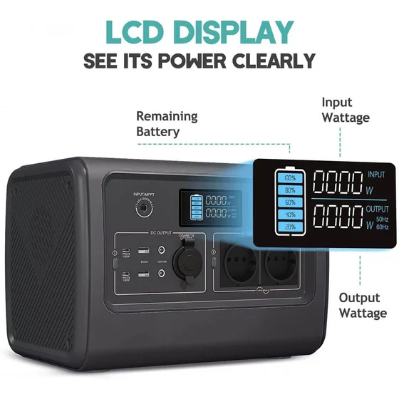 Portable power station with digital display showing input and output wattage