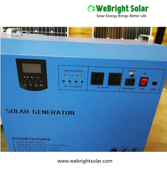 Blue solar generator unit with LCD screen, USB, AC, and DC output ports, and grid input.
