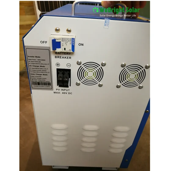 White and blue industrial power unit with a DC breaker, battery terminals, and cooling fans.