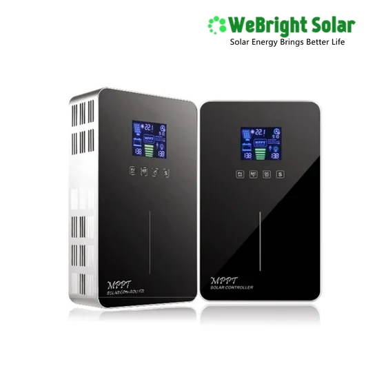 Two views of a black and silver solar charge controller with a blue LCD screen and logo in the top right corner.