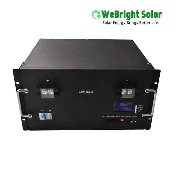 Black 48V100AH rack-mounted solar battery unit with handles, display, and circuit breaker