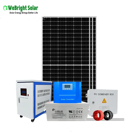 Composite image of solar panel, inverter, controller, battery, and combiner box with a company logo.