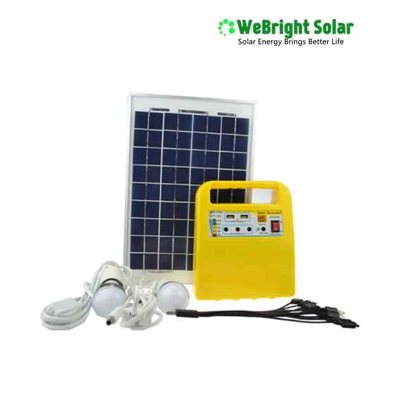 A portable solar power kit with a small panel, yellow control unit, and LED light bulbs.
