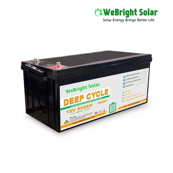 A black rectangular deep cycle solar battery with a white label showing specifications.
