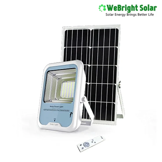 White solar flood light with blue panel, black solar panel, and remote control