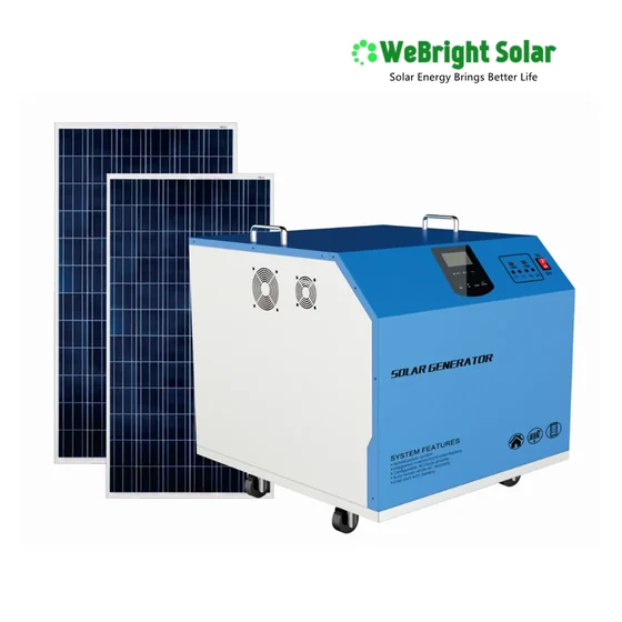 A blue and white portable solar generator with two solar panels on a white background.