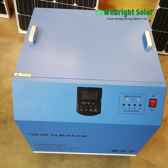 Blue box solar generator unit with front control panel, USB ports, and DC output