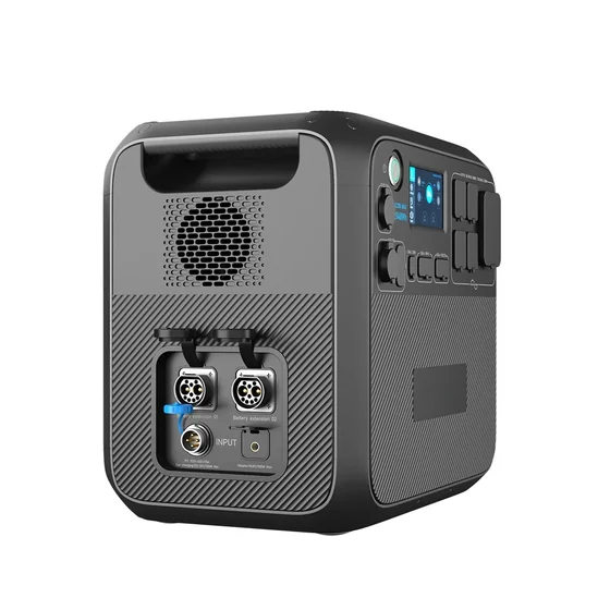 Rear view of a black portable power station showing input ports, fan vent, and handle