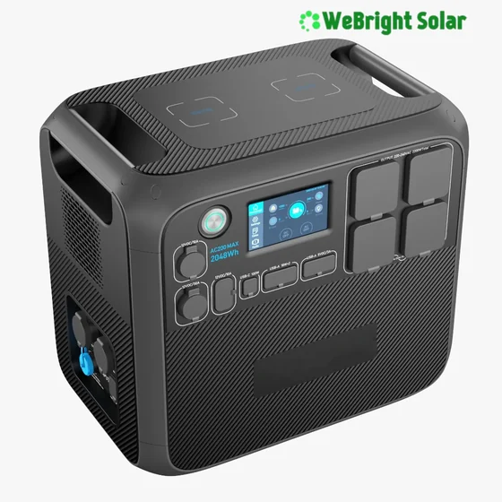 Black portable power station with digital display, multiple outlets, and carrying handle.