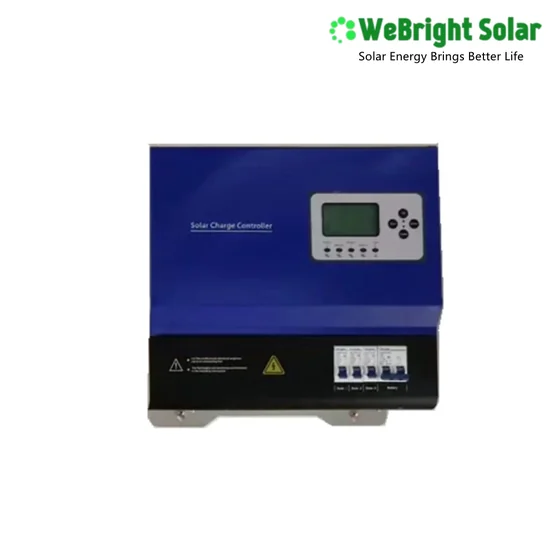 Blue solar charge controller with LCD screen and digital buttons.