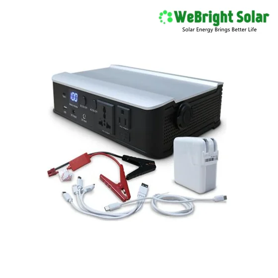 A portable power station with a digital display, accompanied by battery clamps, a multi-cable set, and a white adapter.