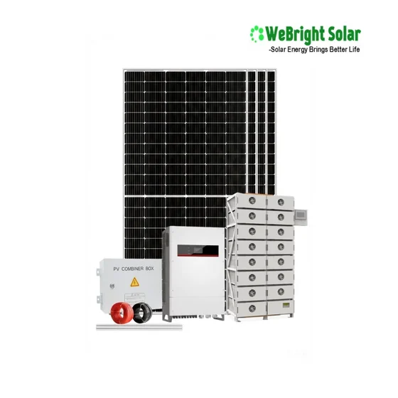 Solar panel, inverter, battery stack, combiner box, and cable reels arranged on a white background.