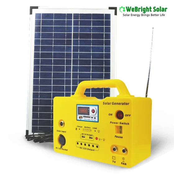Yellow solar power generator with a handle and antenna displayed next to a rectangular solar panel.