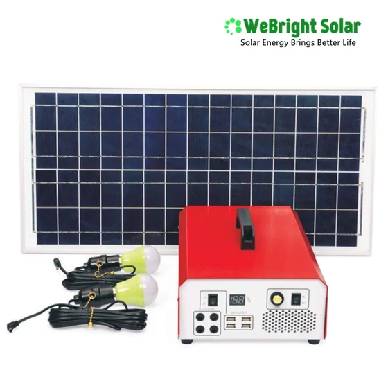A solar panel kit including a red power unit, two LED light bulbs, and cables.