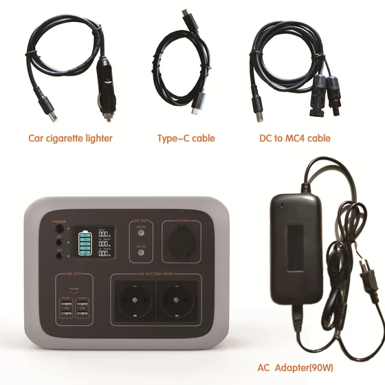 Portable power station unit shown with its included charging cables and a 90W AC adapter.