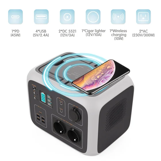 Portable power station with a smartphone on the wireless charging pad and icons indicating port types above