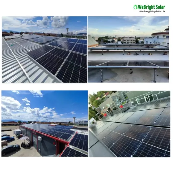 Collage of four photos showing solar panel arrays installed on industrial rooftops.