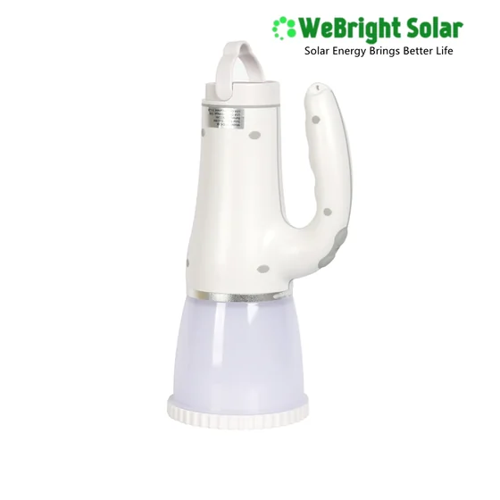 White handheld solar lamp with a translucent light cone and a side handle.