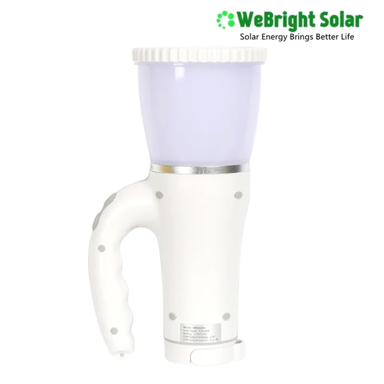 White handheld solar rechargeable emergency light with a translucent lamp head.