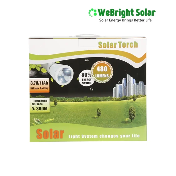 Packaging box for a WeBright Solar torch featuring product specifications and illustrations.