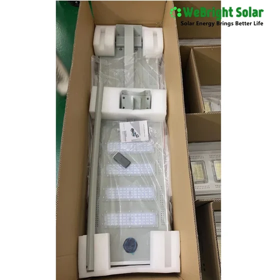 LED solar street light fixture packed in a cardboard box with styrofoam inserts.