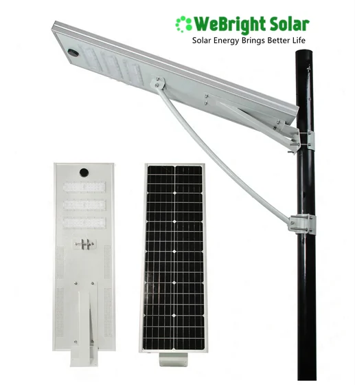 A solar street light shown from multiple angles and mounted on a pole.