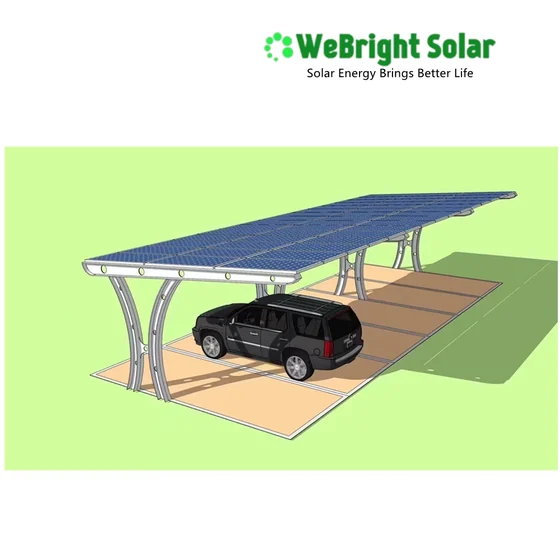 3D rendering of a solar panel carport structure sheltering a black SUV.