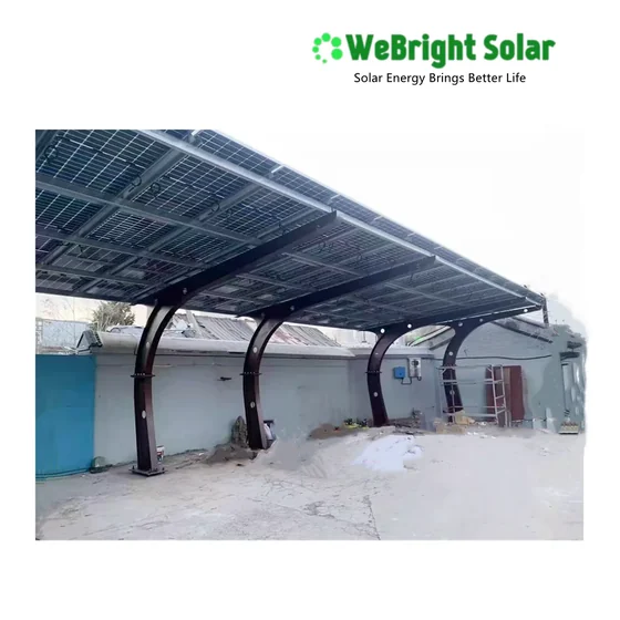 Curved solar panel carport structure installed on a concrete ground with a company logo overlay.