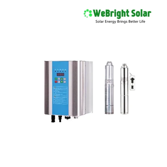 A blue solar pump inverter unit displayed next to two stainless steel submersible pumps.