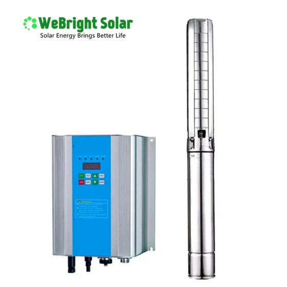 A solar water pump system consisting of a blue and silver controller box and a vertical stainless steel pump.