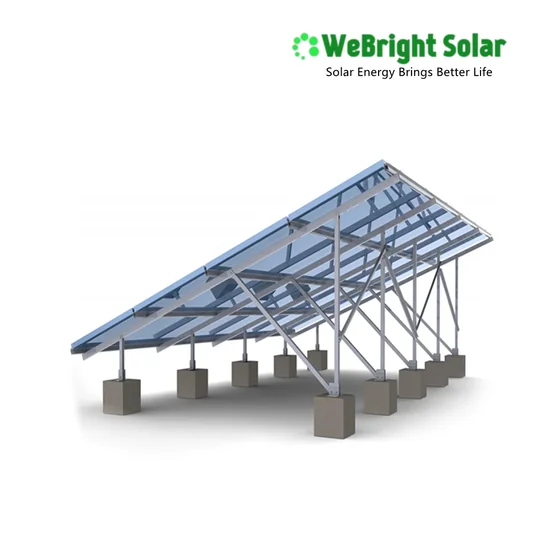 3D rendering of a solar panel mounting structure with concrete ballast blocks and company logo