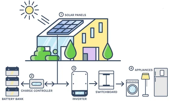 A diagram illustrating a solar power system with panels, a charge controller, inverter, and appliances.