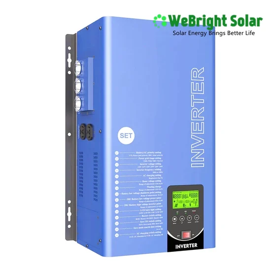 Blue solar inverter unit with mounting brackets, side terminals, and front LCD display panel.