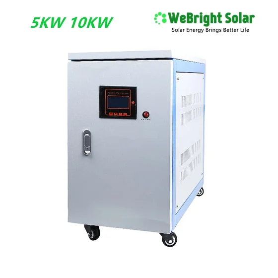 A white and blue cabinet-style solar inverter with a digital display, mounted on four caster wheels.