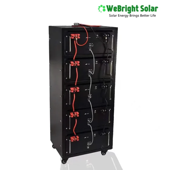 Rear view of a black solar energy storage cabinet with red and white wiring and casters.