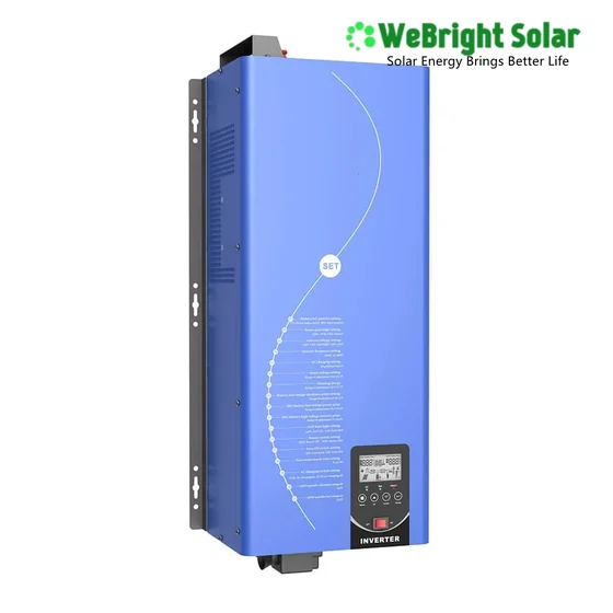 Blue wall-mounted solar inverter with black side mounting brackets and a digital display panel on the lower front.