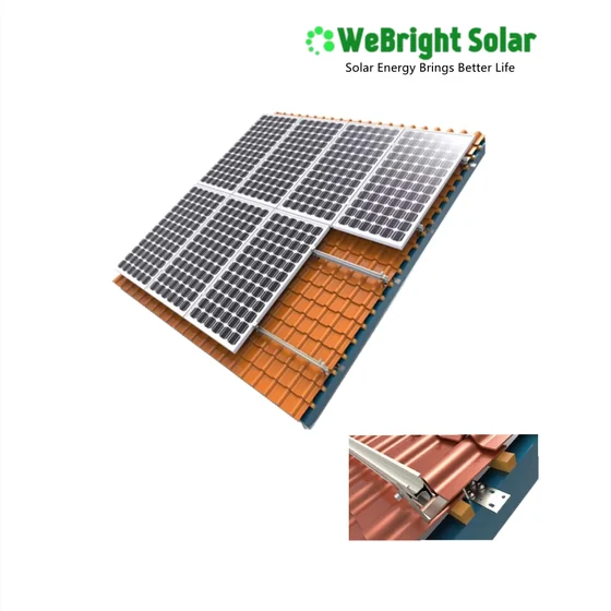Diagram of a solar panel mounting system on a tiled roof with a close-up inset of the mounting clamps.