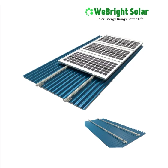 3D render of solar panels mounted on a blue corrugated metal roof with mounting rails