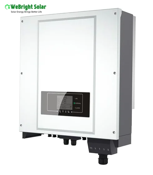 White solar inverter unit with a black digital display panel and connection ports on the bottom.