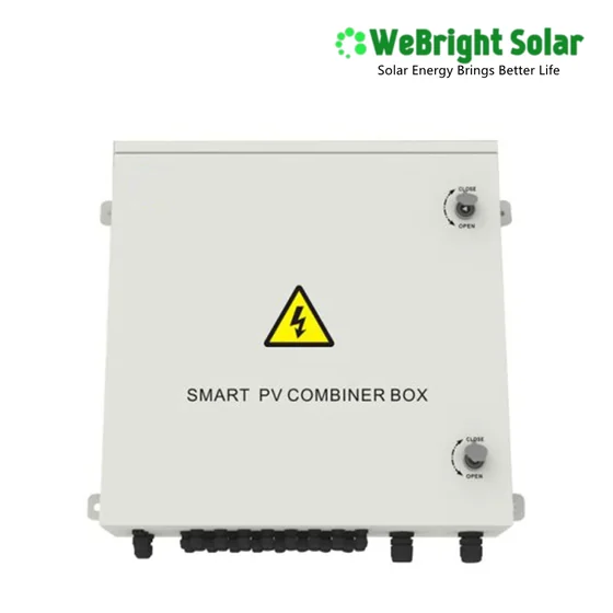 White smart PV combiner box with yellow warning symbol and bottom connection ports.