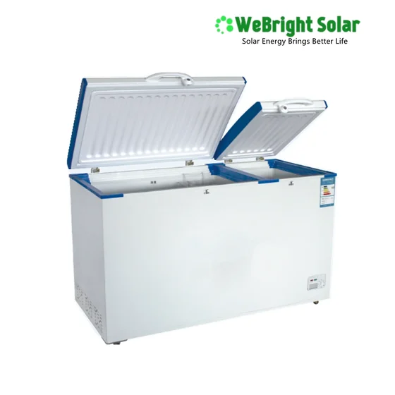 White chest freezer with two open lids and blue trim.