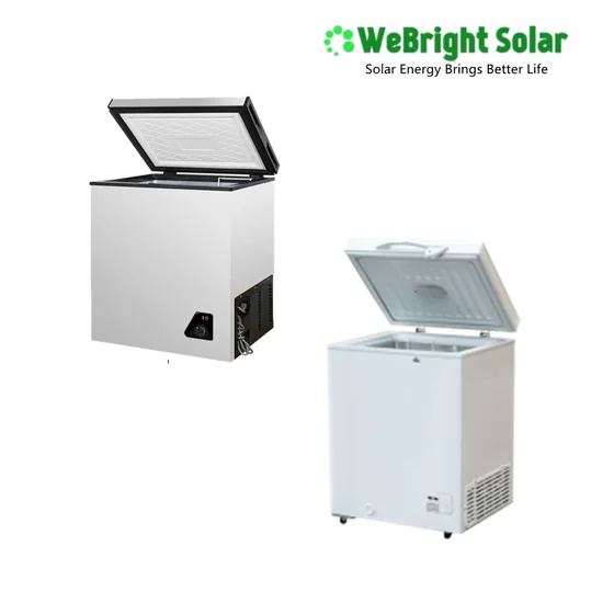 Two white chest freezers with open lids shown alongside the WeBright Solar logo on a white background.