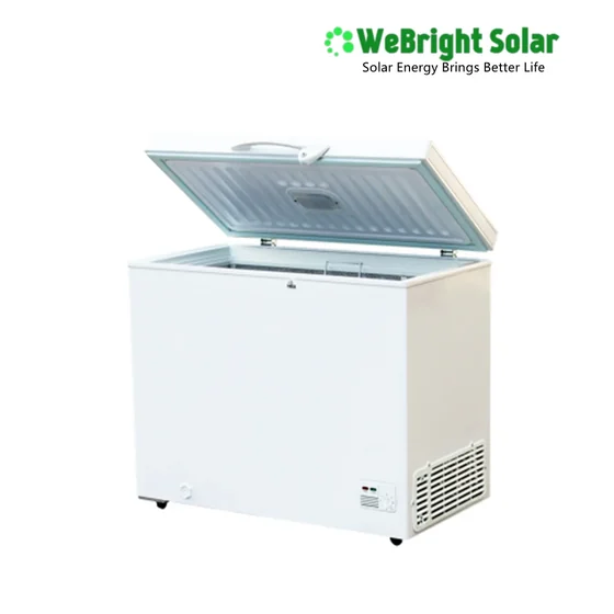 A white chest freezer with the lid open on a white background, featuring a green solar brand logo in the top right corner.