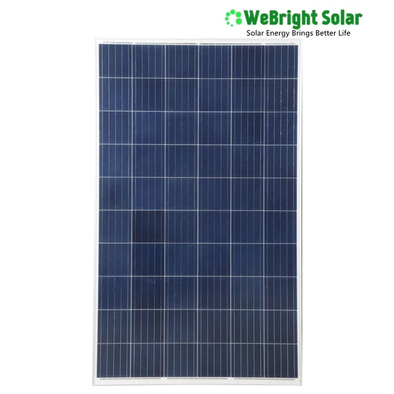 Front view of a rectangular solar panel with a grid of blue cells and a white frame.