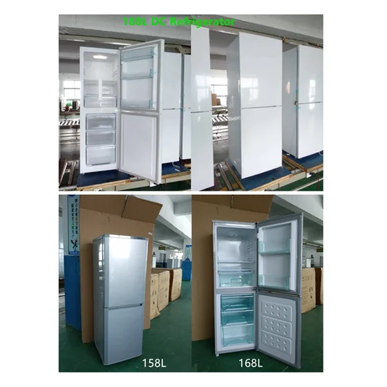 Collage of four photos showing white and silver refrigerators in a factory setting.