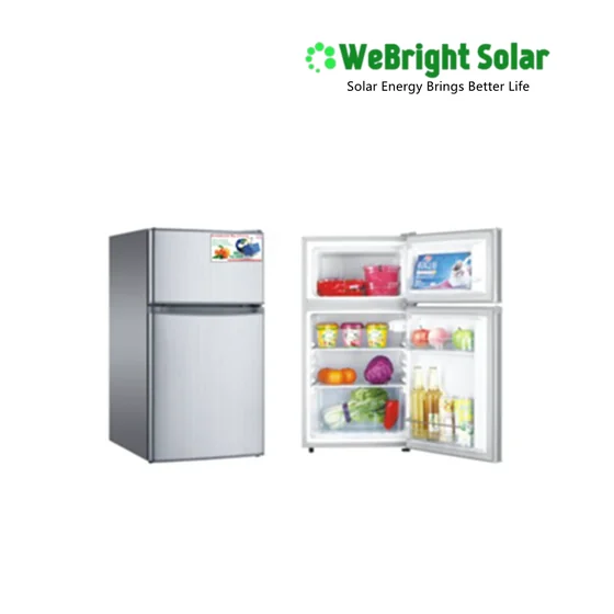 A silver two-door refrigerator shown closed and open with food inside, next to a WeBright Solar logo.
