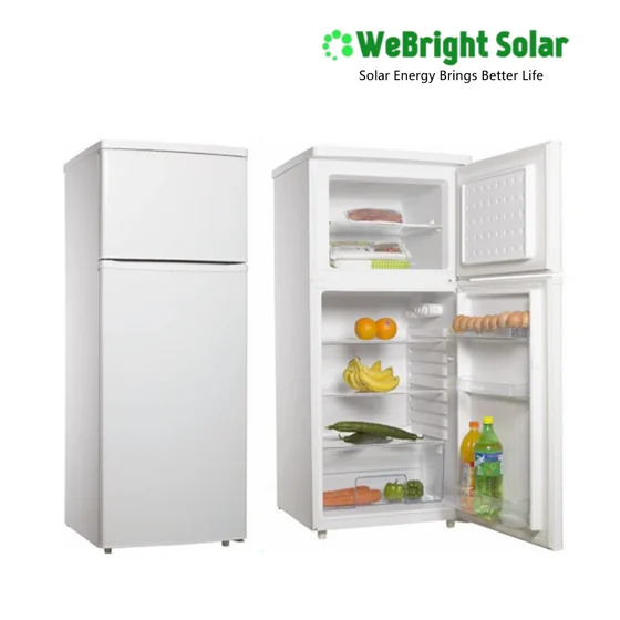 A white two-door refrigerator shown with its door open to reveal food items inside, placed next to a closed view of the same appliance.